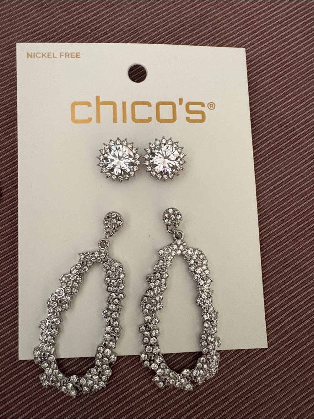 Chico's Silver Crystal Drop and Stud Earring Set - Sparkling Silver Tone
